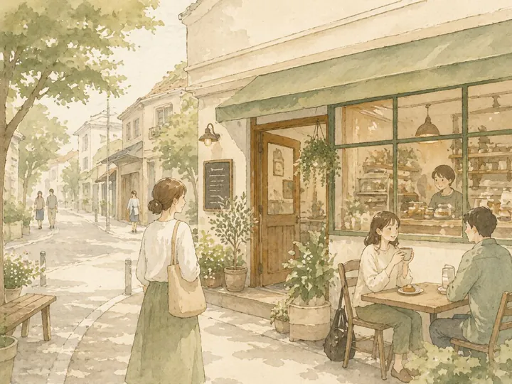 朝の商店街を歩く人とパン屋のイラスト