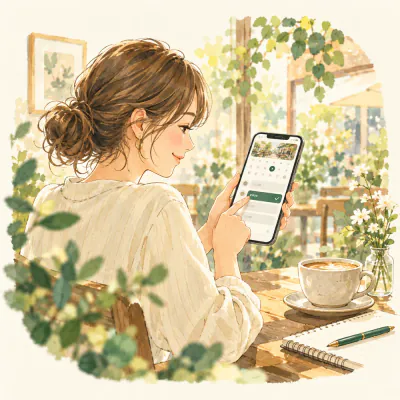 カフェでスマートフォンから参加する回を選ぶ人のイラスト