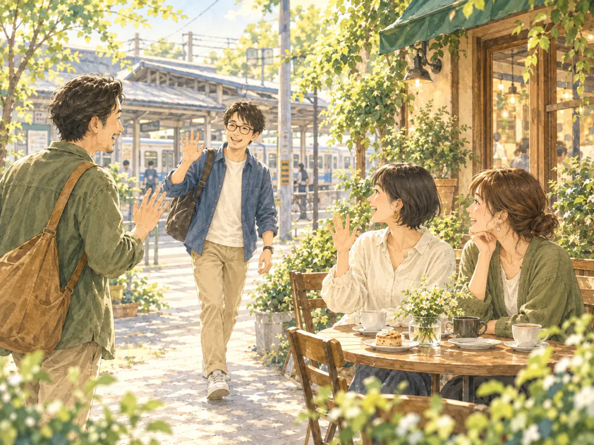 駅前のカフェで顔なじみの4人が笑顔で再会する、まちループの街の風景