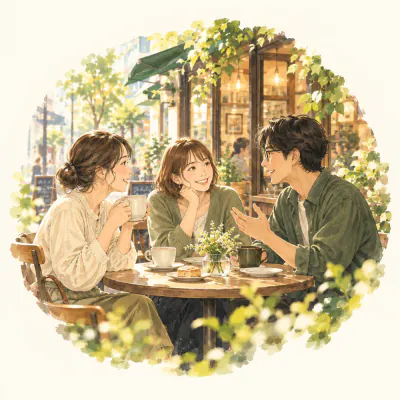 カフェのテーブルを囲んで話す3人のイラスト