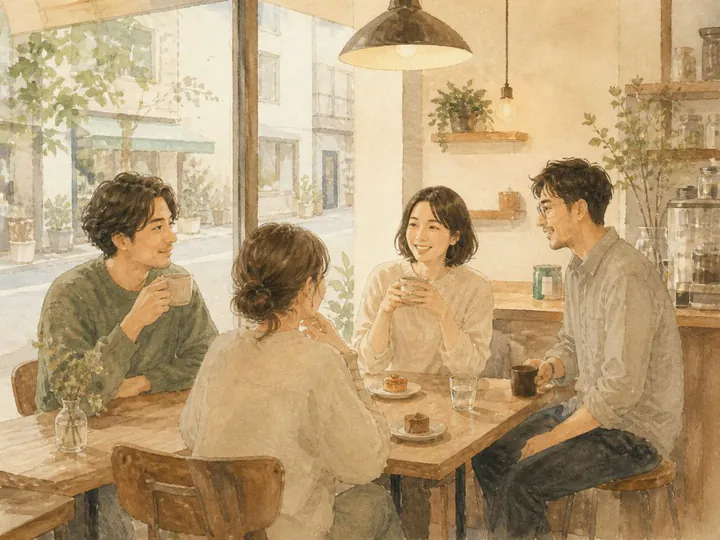 夜のカフェで話す人たちのイラスト