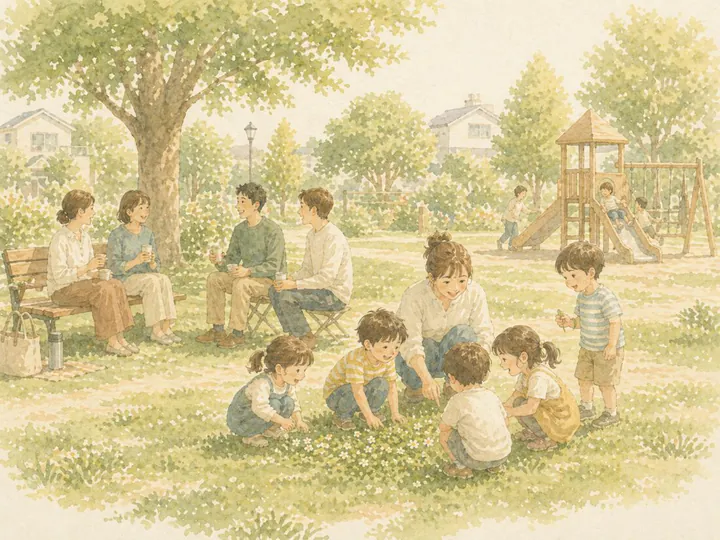 休日の公園で過ごす親子のイラスト