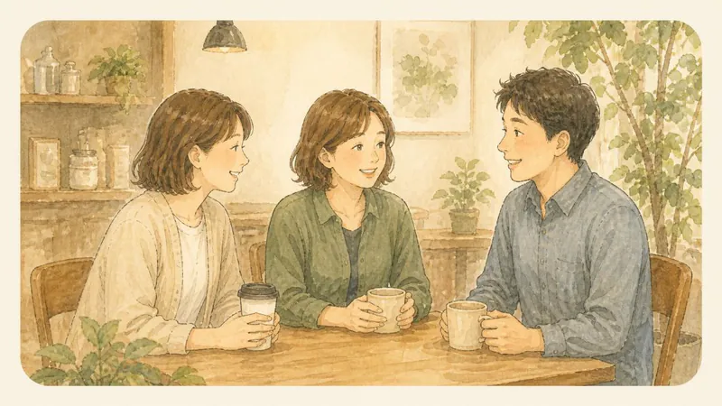 カフェで3人が話しているイラスト