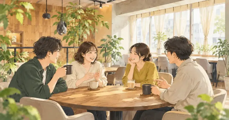 明るい昼のカフェで4人が丸テーブルを囲んで話しているイラスト